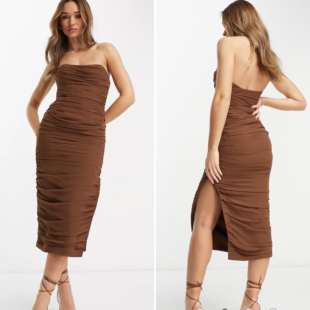 ASOS Chocolate Brown Corset Bandeau Drape Chiffon Midi Dress 4